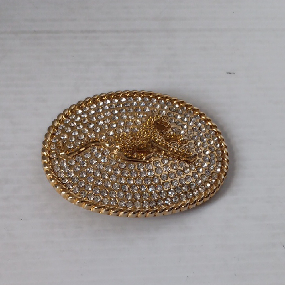Gold and Silver Intricate Belt Buckle with Clear Stones